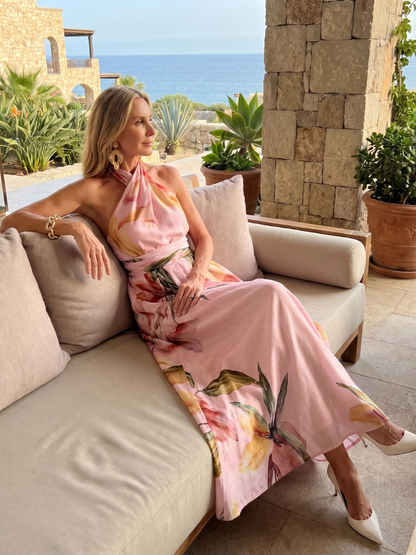 Victoire - Robe Élégante Invitée Mariage Femme avec Col Halter et Imprimé Floral