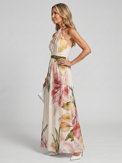 Victoire - Robe Élégante Invitée Mariage Femme avec Col Halter et Imprimé Floral