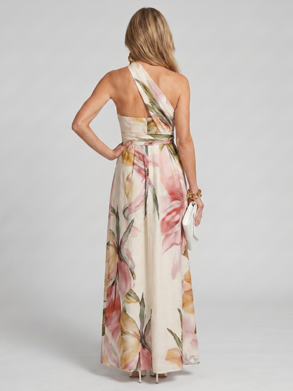 Victoire - Robe Élégante Invitée Mariage Femme avec Col Halter et Imprimé Floral