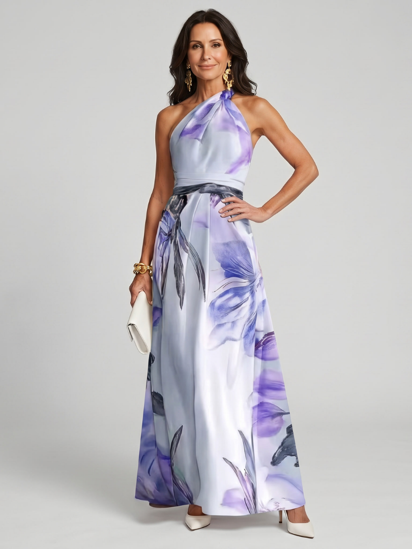 Victoire - Robe Élégante Invitée Mariage Femme avec Col Halter et Imprimé Floral