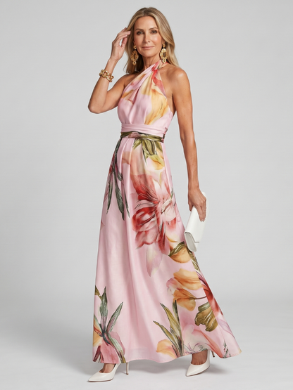 Victoire - Robe Élégante Invitée Mariage Femme avec Col Halter et Imprimé Floral