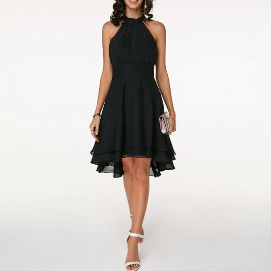 Virginie - Robe Invitée Mariage Femme Col Halter à Jupe Étagée Asymétrique et Taille Marquée Élégante