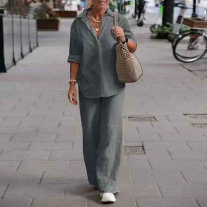 Léa - Ensemble en Lin Femme Chic avec Chemise Boutonnée et Pantalon Large