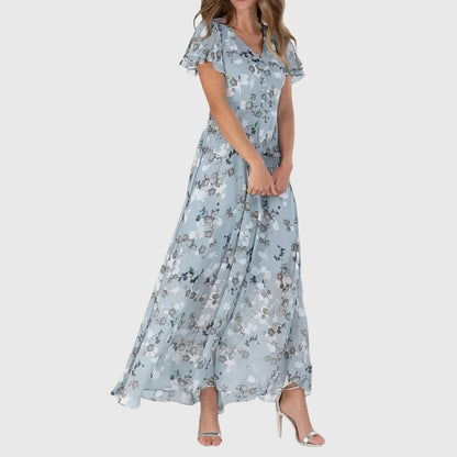 Zoé - Robe Longue d'Été Romantique Femme avec Col en V et Imprimé Fleuri
