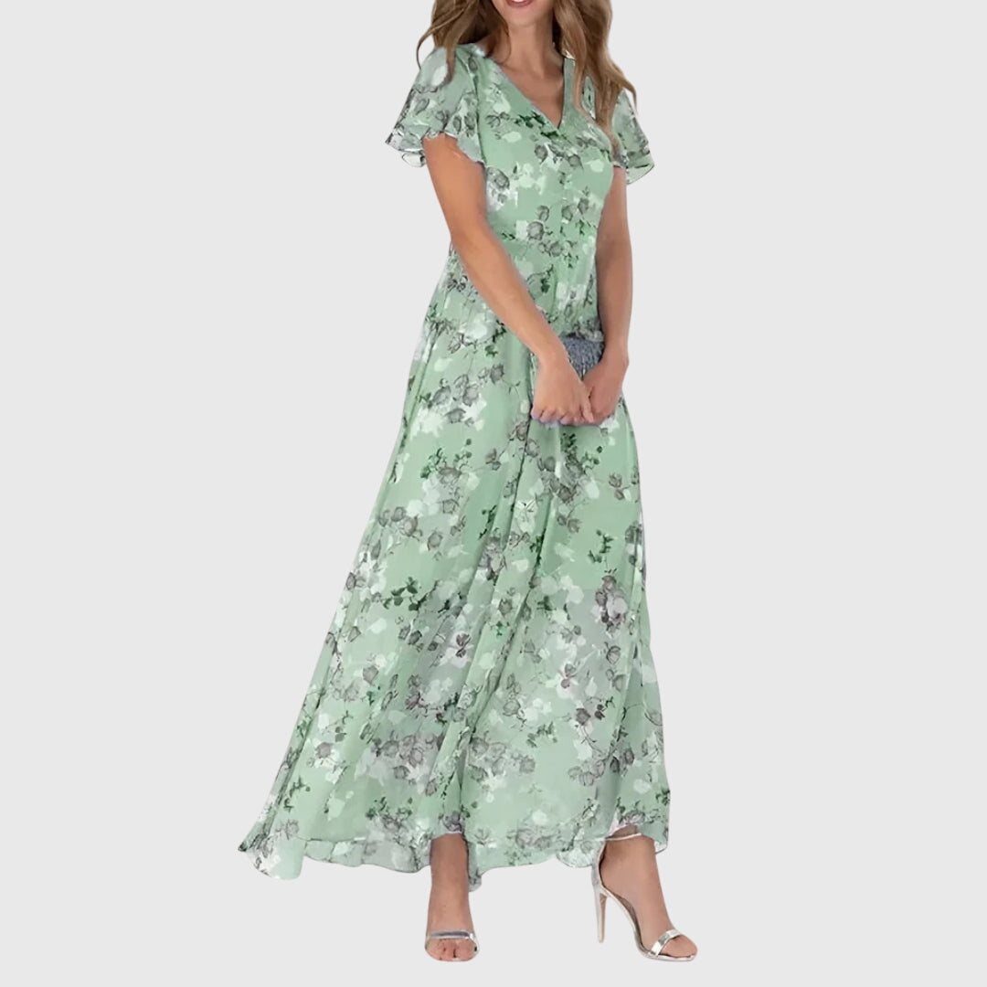 Zoé - Robe Longue d'Été Romantique Femme avec Col en V et Imprimé Fleuri