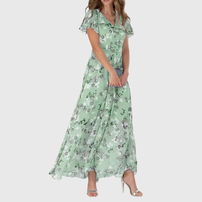 Zoé - Robe Longue d'Été Romantique Femme avec Col en V et Imprimé Fleuri