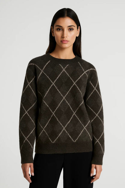 Pull à Carreaux Femme | Pull à Col Rond Classique | Élégant et Confortable