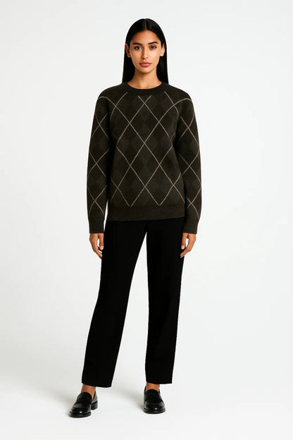 Pull à Carreaux Femme | Pull à Col Rond Classique | Élégant et Confortable