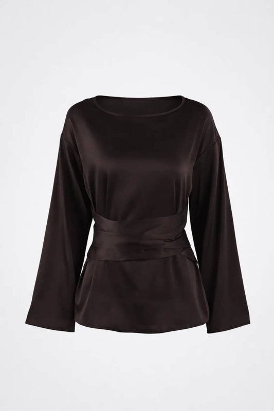 Blouse Femme - Ceinturée | Manches Évasées | Chic - Marron Foncé