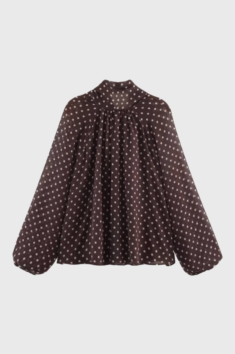 Blouse Femme - Col Lavallière Pois | Romantique - Marron Pois