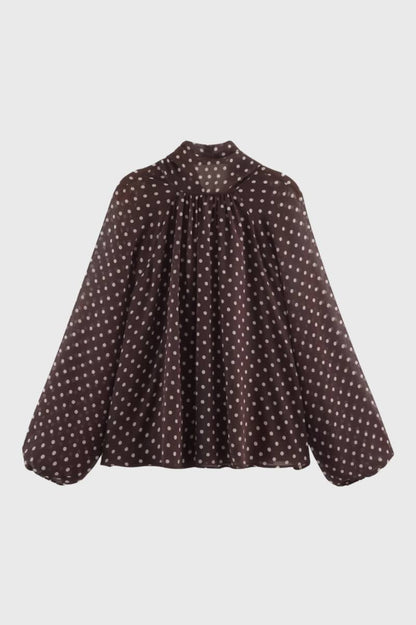 Blouse Femme - Col Lavallière Pois | Romantique - Marron Pois