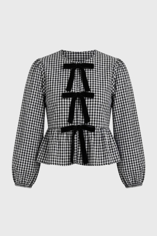 Blouse Femme - Vichy Manches Ballon | Nœuds Contrastants - Vichy Noir