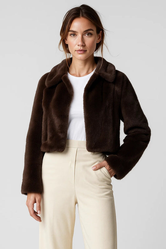 Manteau Court en Fausse Fourrure | Chaud et Élégant | Marron Foncé