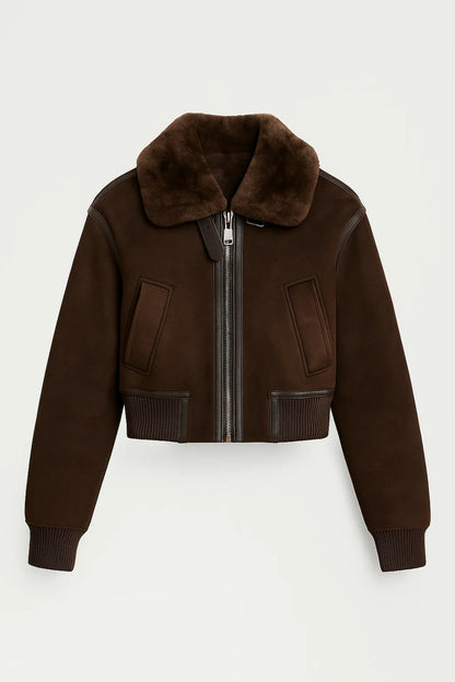 Blouson d’automne en suédine | Col en fausse fourrure | Coupe courte et structurée