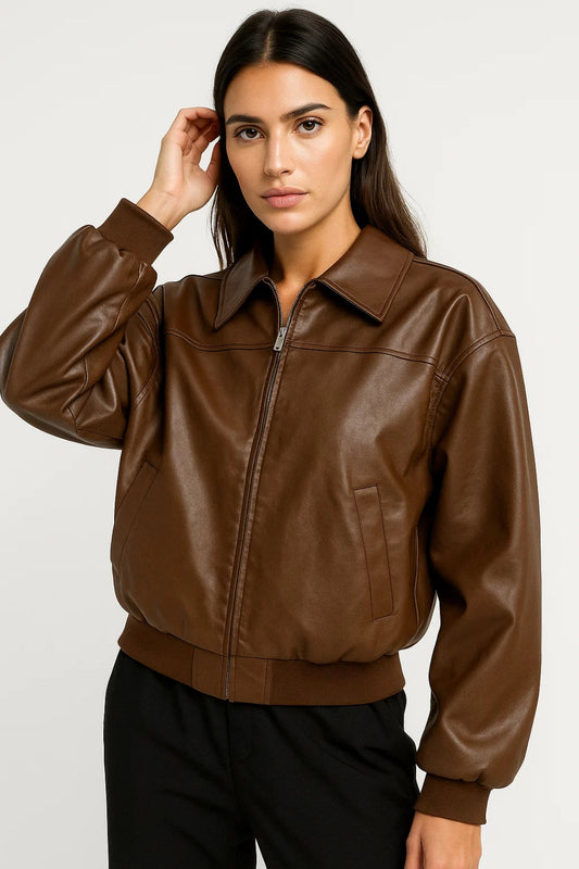 Vestes Mi-Saison | Blouson zippé effet cuir pour femme | Style urbain et coupe décontractée