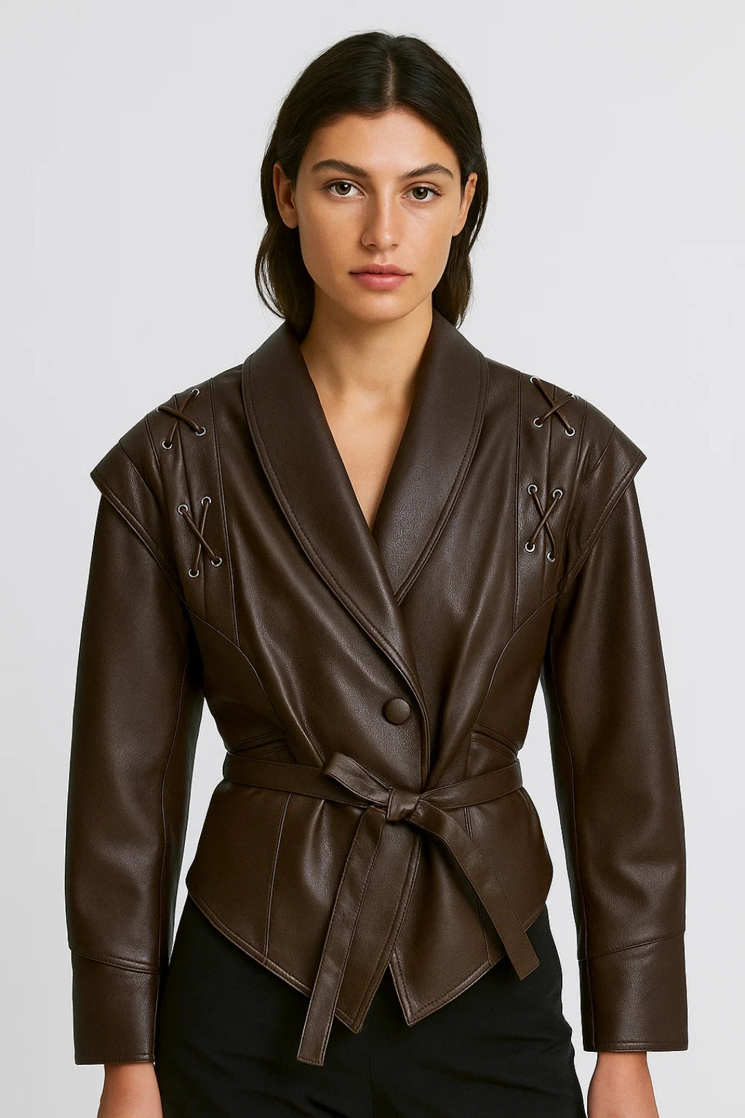 Vestes Ceinturées | Veste effet cuir femme à détails lacés | Silhouette élégante et structurée
