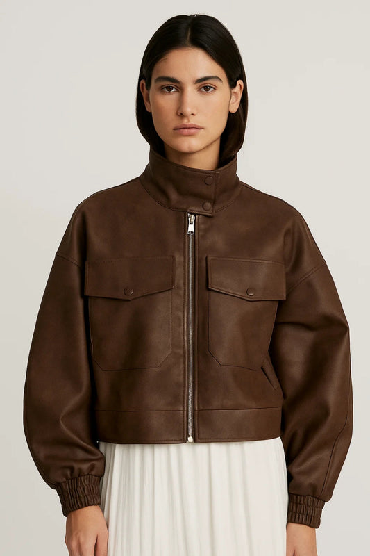 Blouson Court en Similicuir | Marron | Col Montant et Poches à Rabat