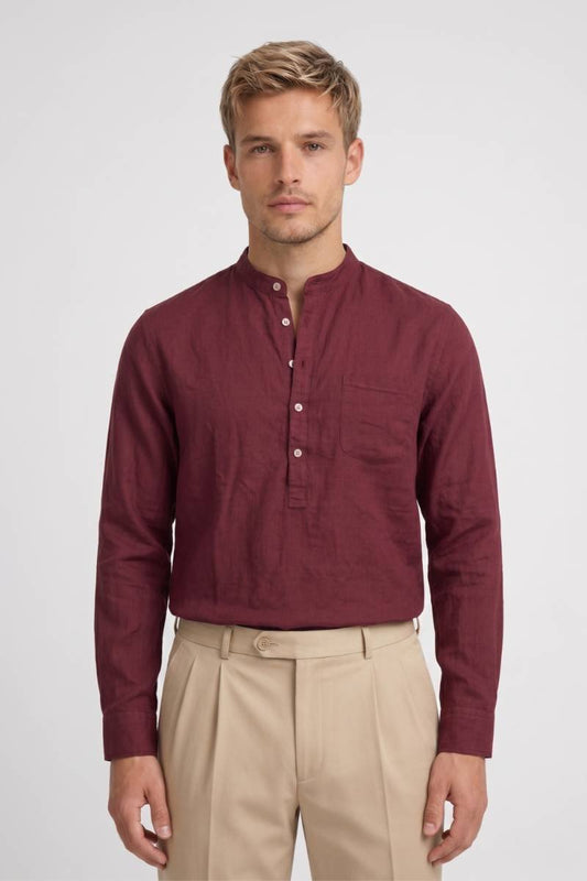 Chemise Homme - Col Mao Boutonnage Partiel | Décontracté — Bordeaux