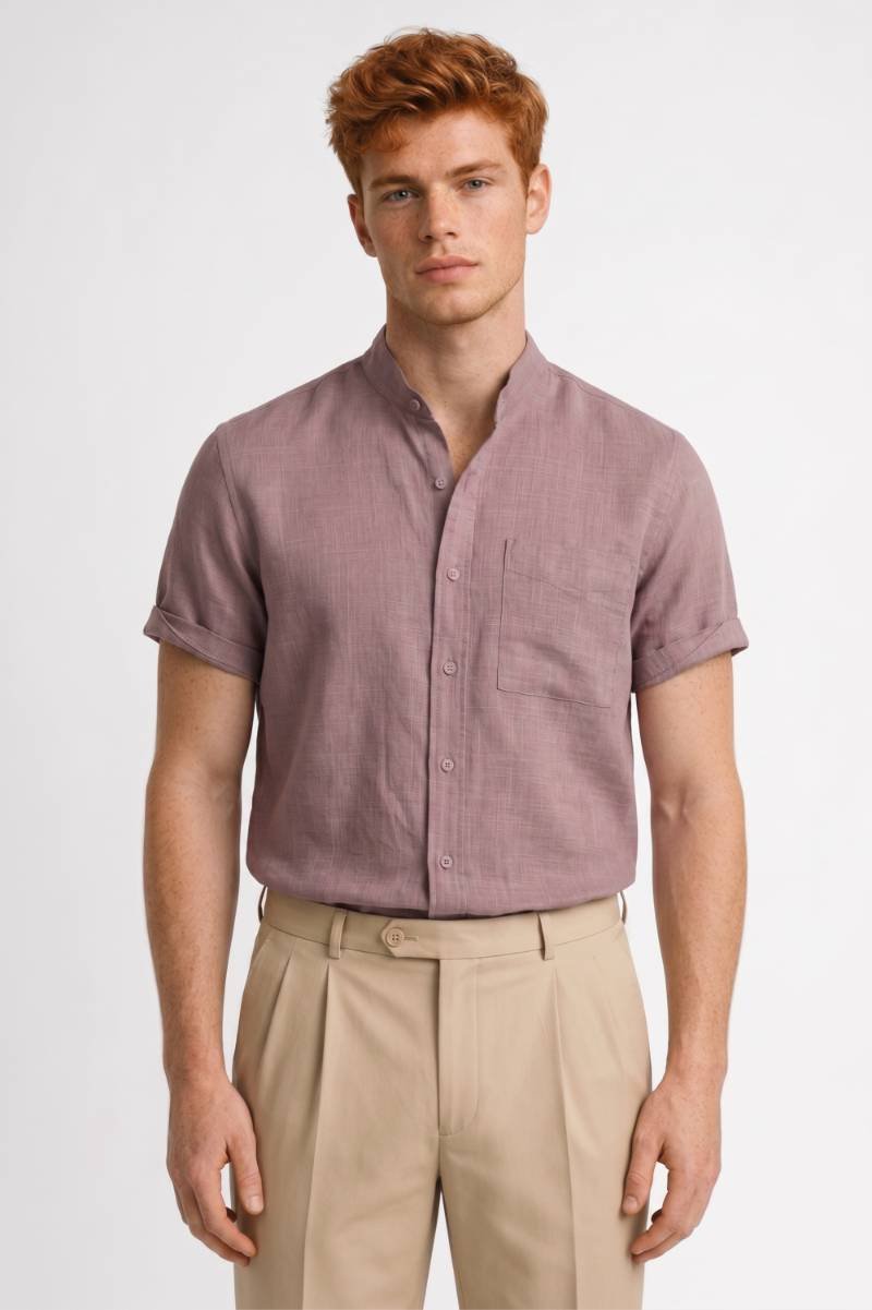 Chemise Homme - Manches Courtes Col Mao avec Poche | Décontracté — Rose Poudré