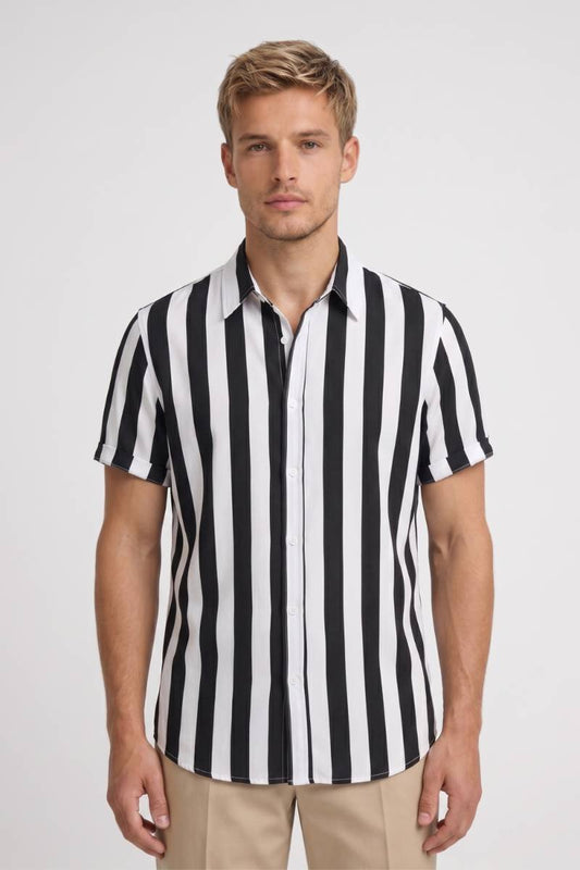 Chemise Homme - Rayures Verticales Manches Courtes | Casual — Rayé Noir