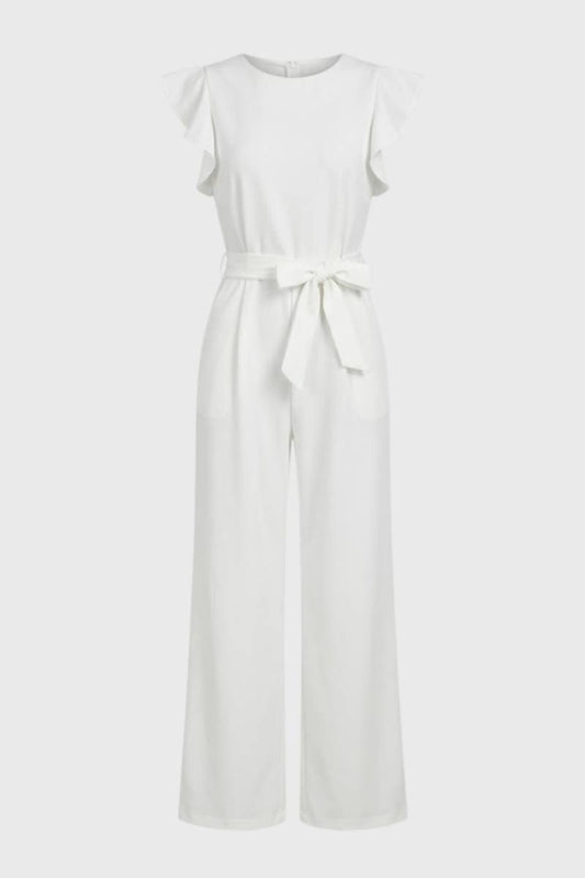 Combinaison Femme - Élégante à Manches Volantées | Ceinturée — Blanc