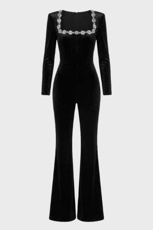 Combinaison Femme - Manches Longues avec Détail Strass | Élégant — Noir