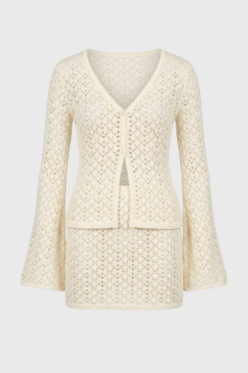 Ensemble Femme - Ajourée Col V et Mini Jupe | Chic — Crème