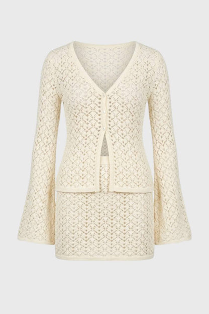 Ensemble Femme - Ajourée Col V et Mini Jupe | Chic — Crème
