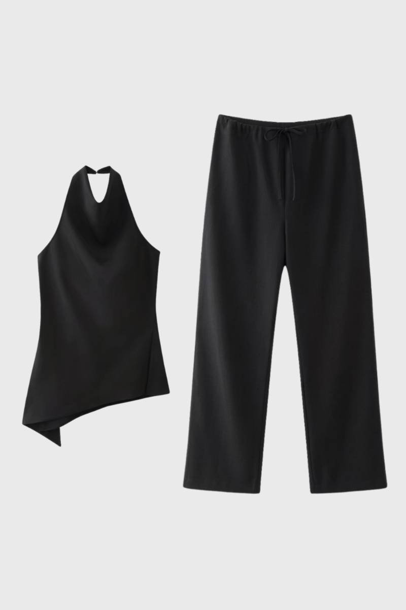 Ensemble Femme - Asymétrique Chic avec Pantalon Large | Moderne — Noir