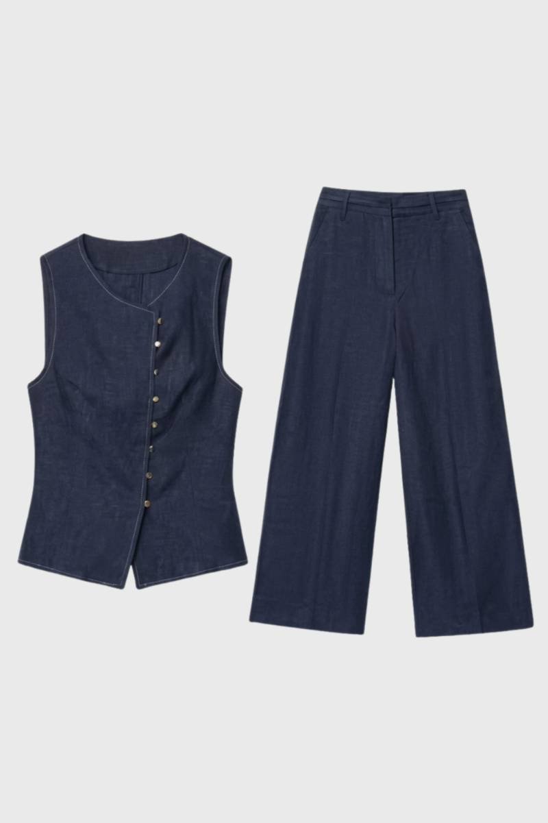Ensemble Femme - Gilet Boutonné Pantalon Large | Chic — Marine