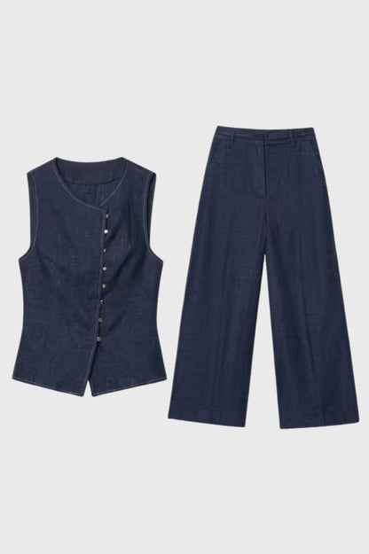 Ensemble Femme - Gilet Boutonné Pantalon Large | Chic — Marine