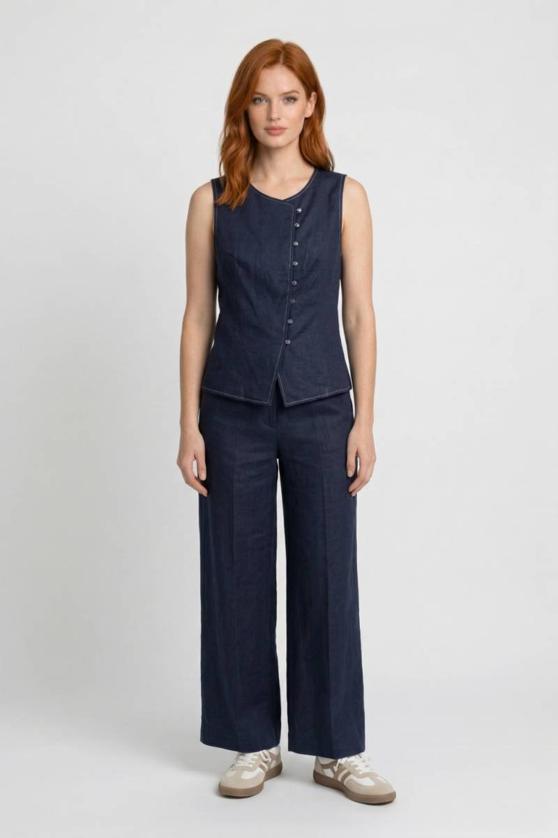 Ensemble Femme - Gilet Boutonné Pantalon Large | Chic — Marine