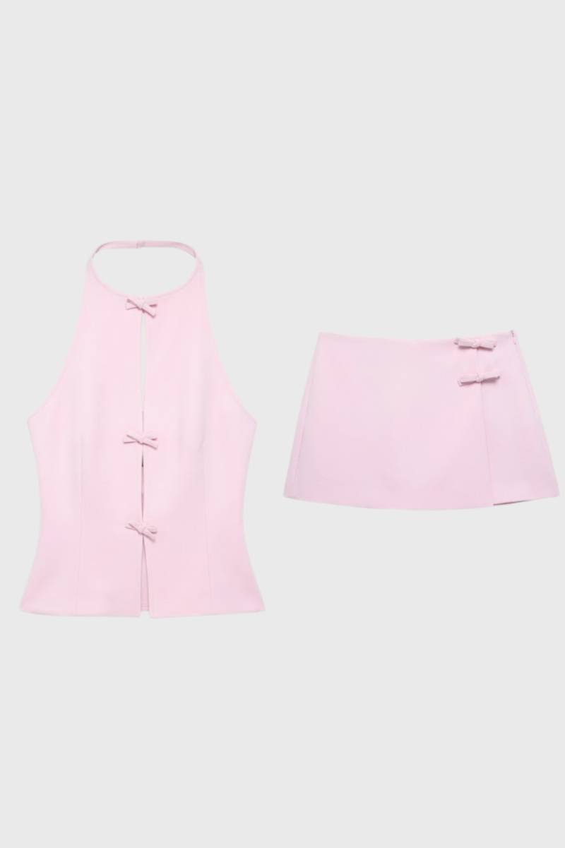 Ensemble Femme - Halter Top & Mini Jupe avec Détails Nœuds | Élégant — Rose