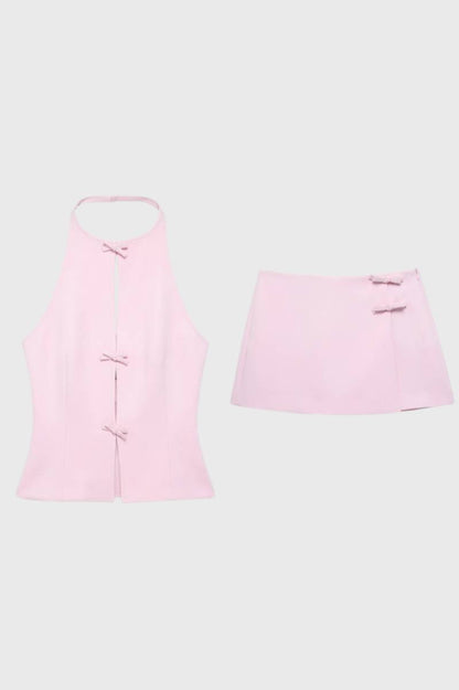Ensemble Femme - Halter Top & Mini Jupe avec Détails Nœuds | Élégant — Rose