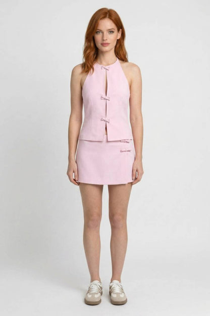 Ensemble Femme - Halter Top & Mini Jupe avec Détails Nœuds | Élégant — Rose