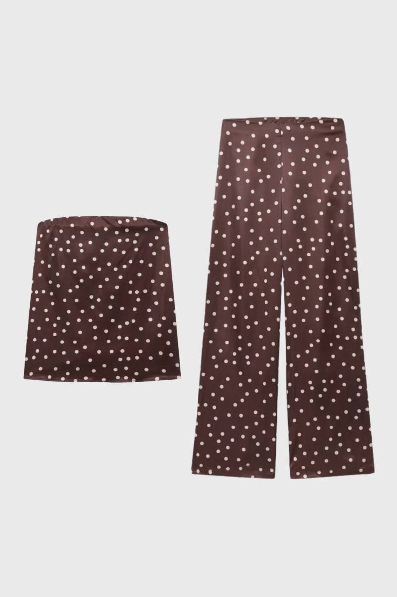 Ensemble Femme - Pois à Bustier avec Pantalon Large | Élégant — Marron à pois