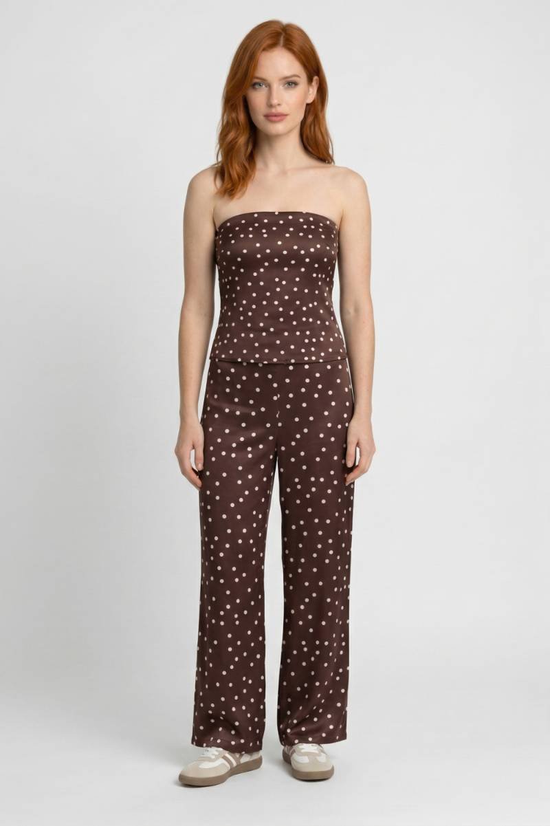 Ensemble Femme - Pois à Bustier avec Pantalon Large | Élégant — Marron à pois