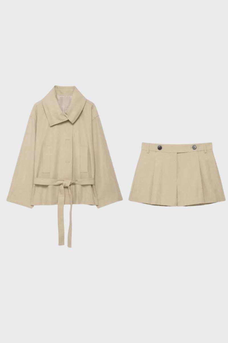 Ensemble Femme - Veste Ceinturée avec Short | Moderne — Beige