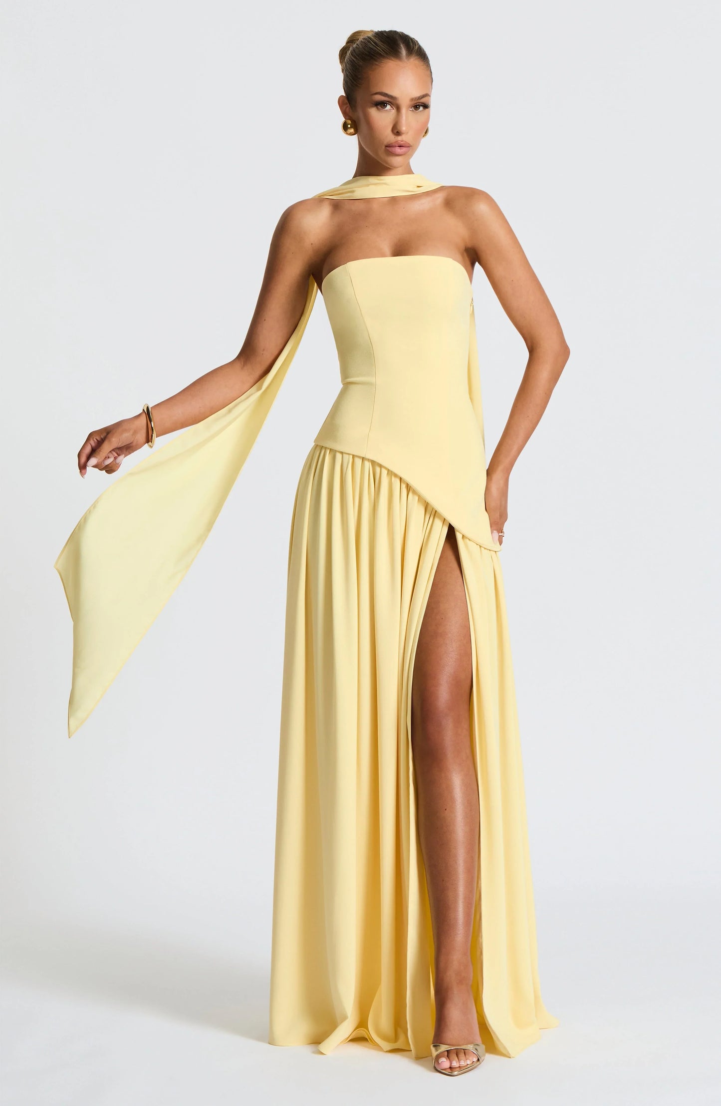 Éleonore - Robe Invitée Mariage Femme Habillée Bustier avec Fente Haute et Écharpe au Cou