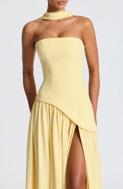 Éleonore - Robe Invitée Mariage Femme Habillée Bustier avec Fente Haute et Écharpe au Cou