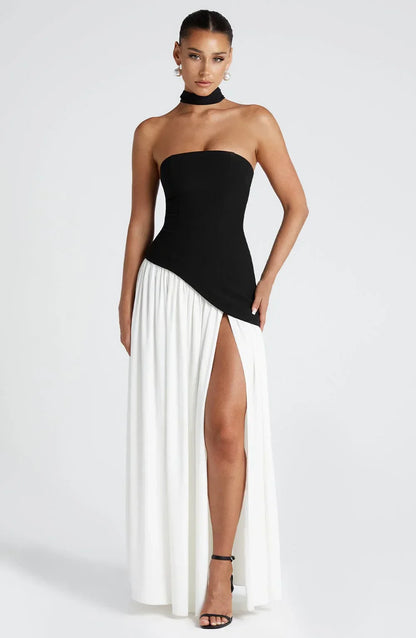Éleonore - Robe Invitée Mariage Femme Habillée Bustier avec Fente Haute et Écharpe au Cou