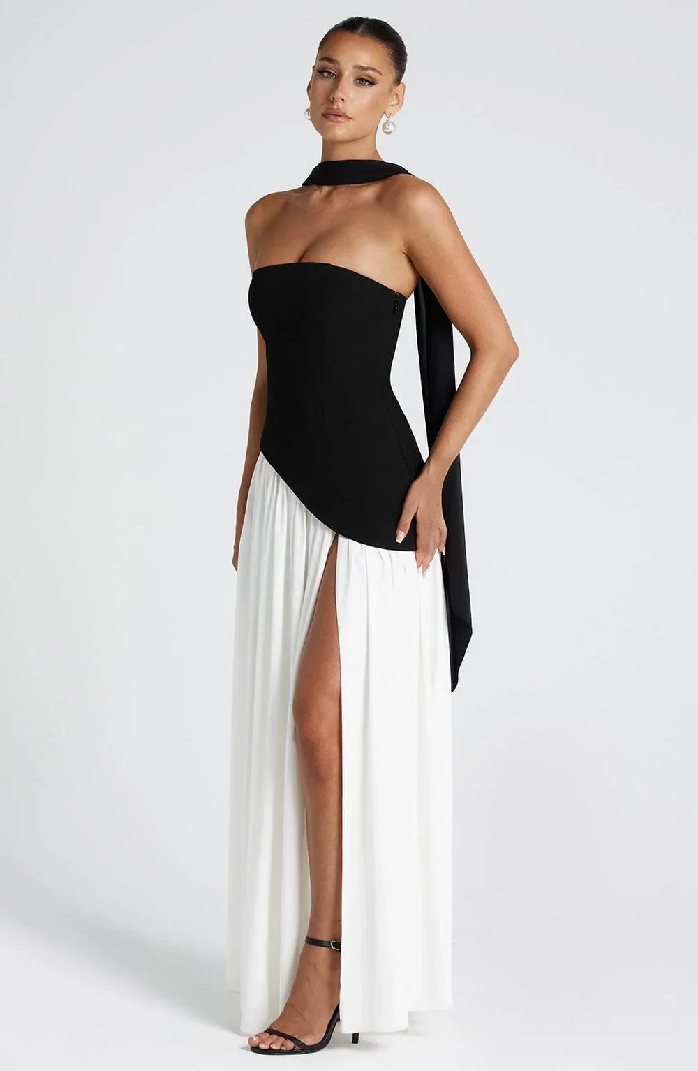 Éleonore - Robe Invitée Mariage Femme Habillée Bustier avec Fente Haute et Écharpe au Cou