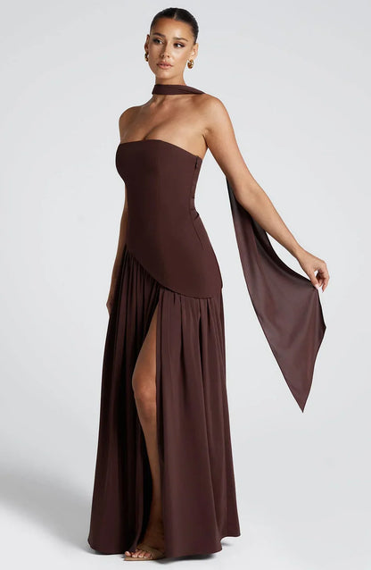 Éleonore - Robe Invitée Mariage Femme Habillée Bustier avec Fente Haute et Écharpe au Cou