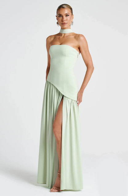 Éleonore - Robe Invitée Mariage Femme Habillée Bustier avec Fente Haute et Écharpe au Cou