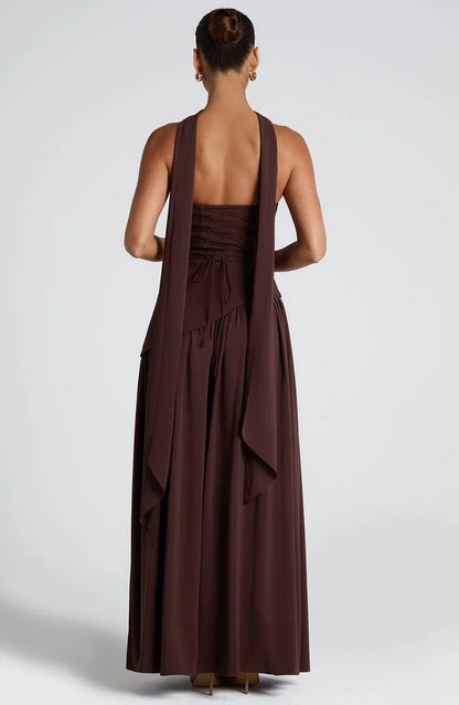 Éleonore - Robe Invitée Mariage Femme Habillée Bustier avec Fente Haute et Écharpe au Cou