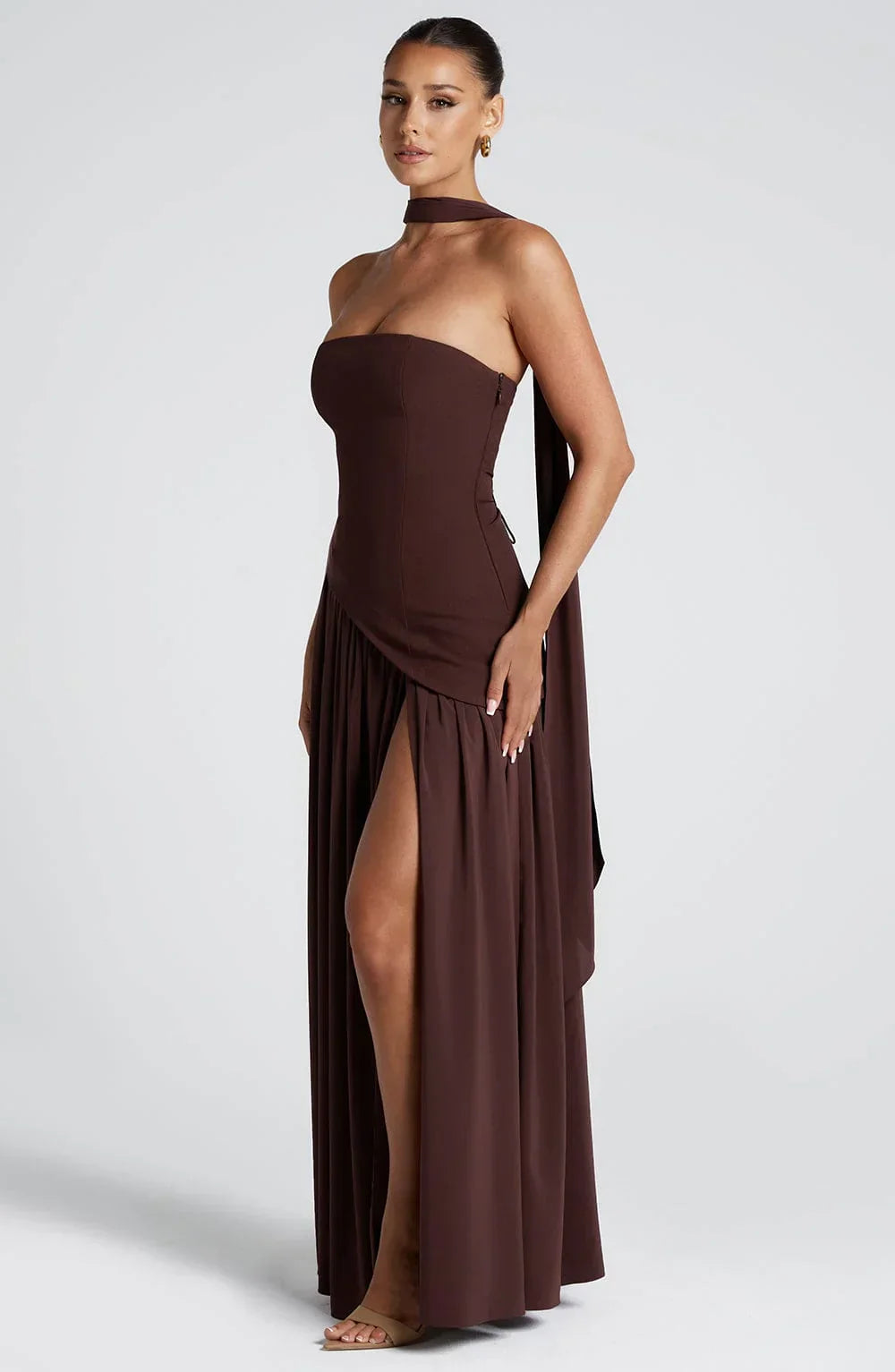 Éleonore - Robe Invitée Mariage Femme Habillée Bustier avec Fente Haute et Écharpe au Cou