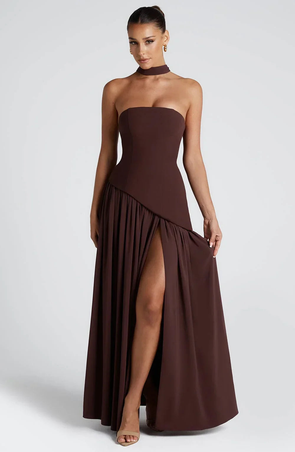 Éleonore - Robe Invitée Mariage Femme Habillée Bustier avec Fente Haute et Écharpe au Cou