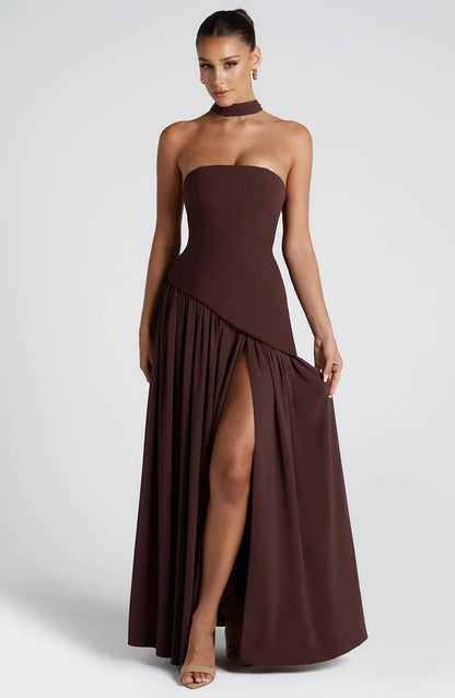 Éleonore - Robe Invitée Mariage Femme Habillée Bustier avec Fente Haute et Écharpe au Cou