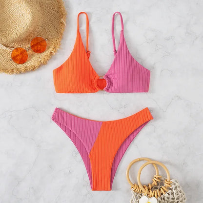 Élise - Bikini Femme Maillot de Bain Tendance Color Block avec Anneau Frontal et Bas Échancré