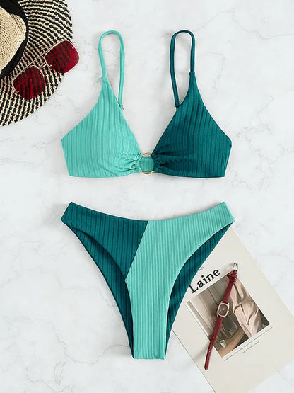 Élise - Bikini Femme Maillot de Bain Tendance Color Block avec Anneau Frontal et Bas Échancré